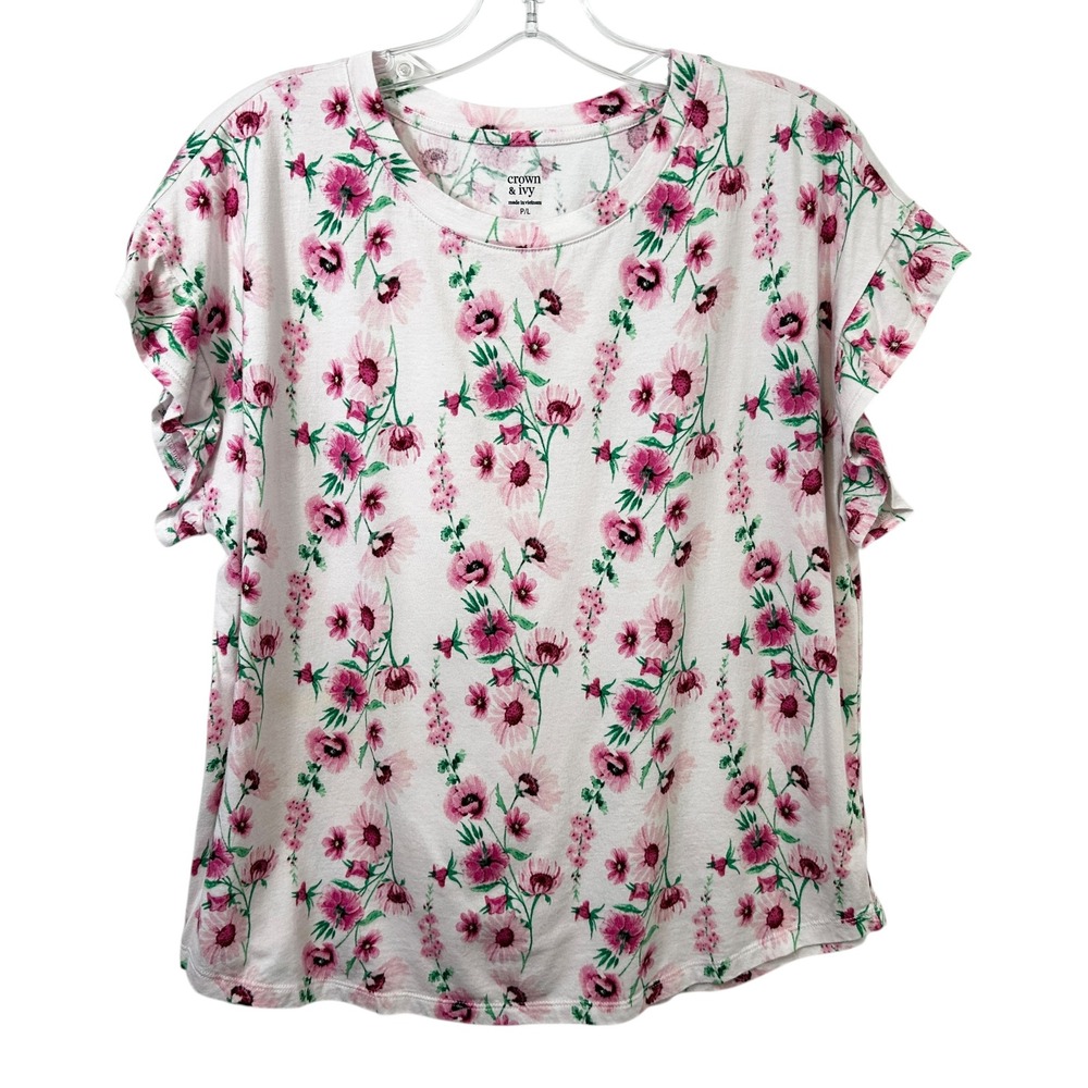 Crown & Ivy Petite Large‎ Top Pink Floral Flutter Sleeve Spring Feminine 1272